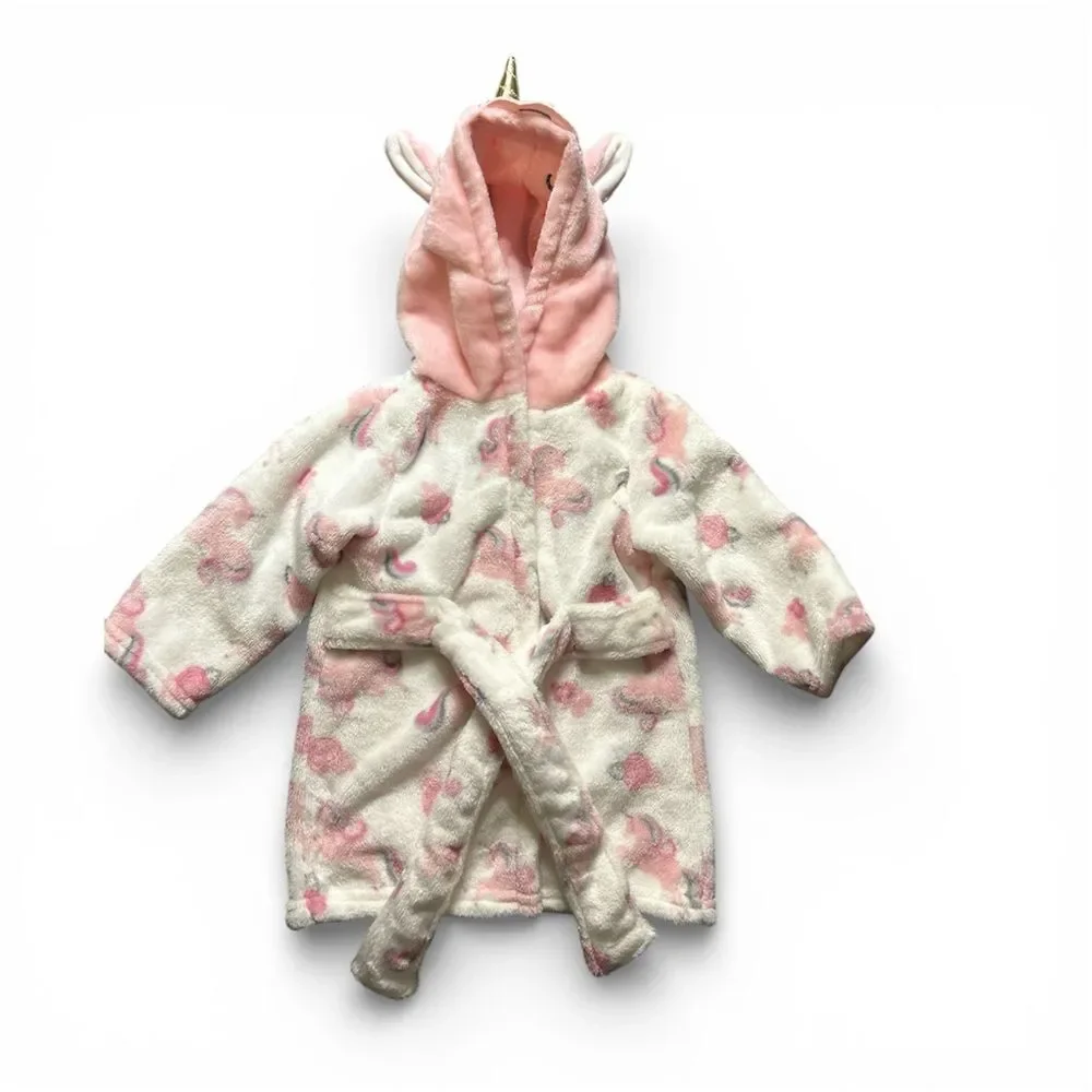 Unicorn Robe 0-6M Pink White Plush Hooded Bathrobe Animal Face